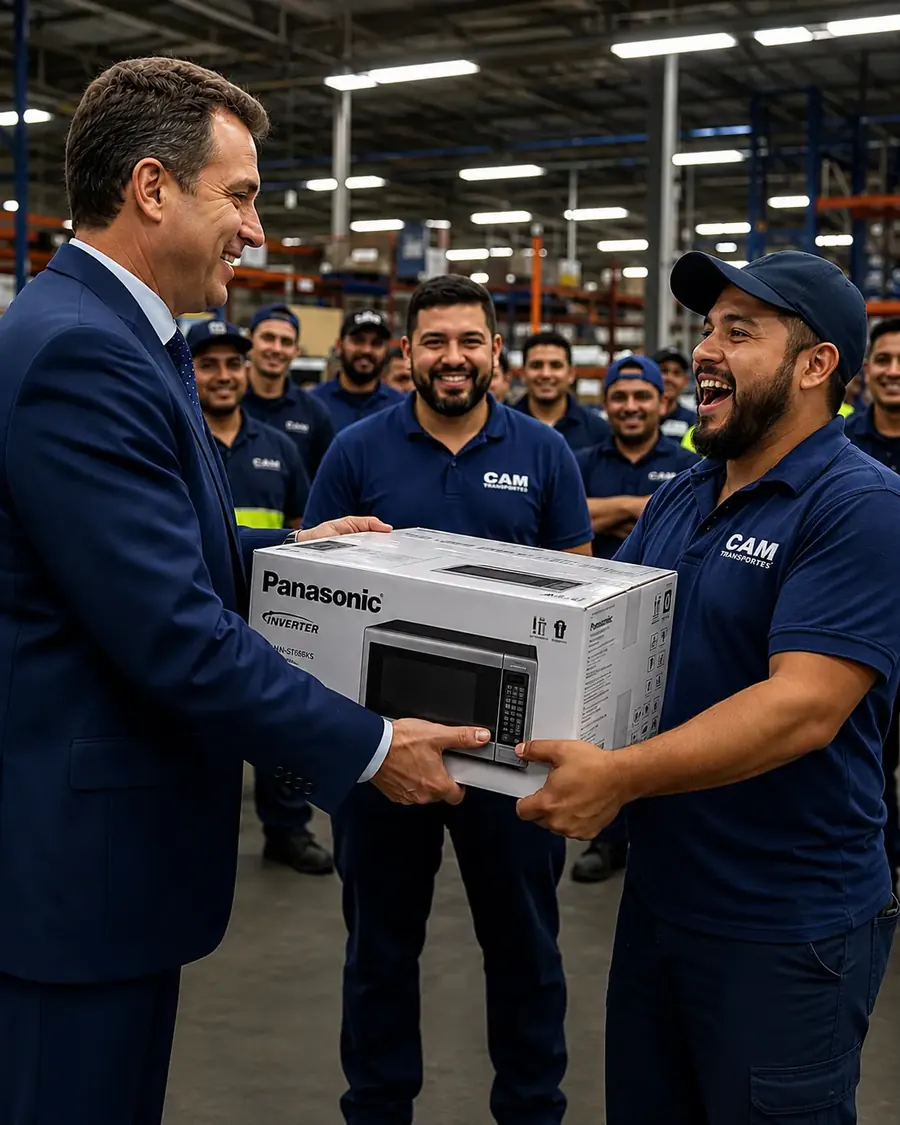Motorista da transportadora recebendo micro-ondas diante dos colegas