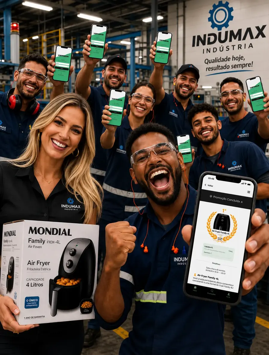 Colaboradores da Indumax Indústria com o app do sorteio aberto no celular