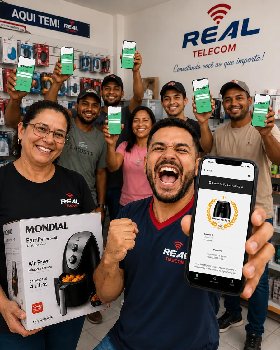 Equipe da Real Telecom comemorando com o app do sorteio na tela dos celulares