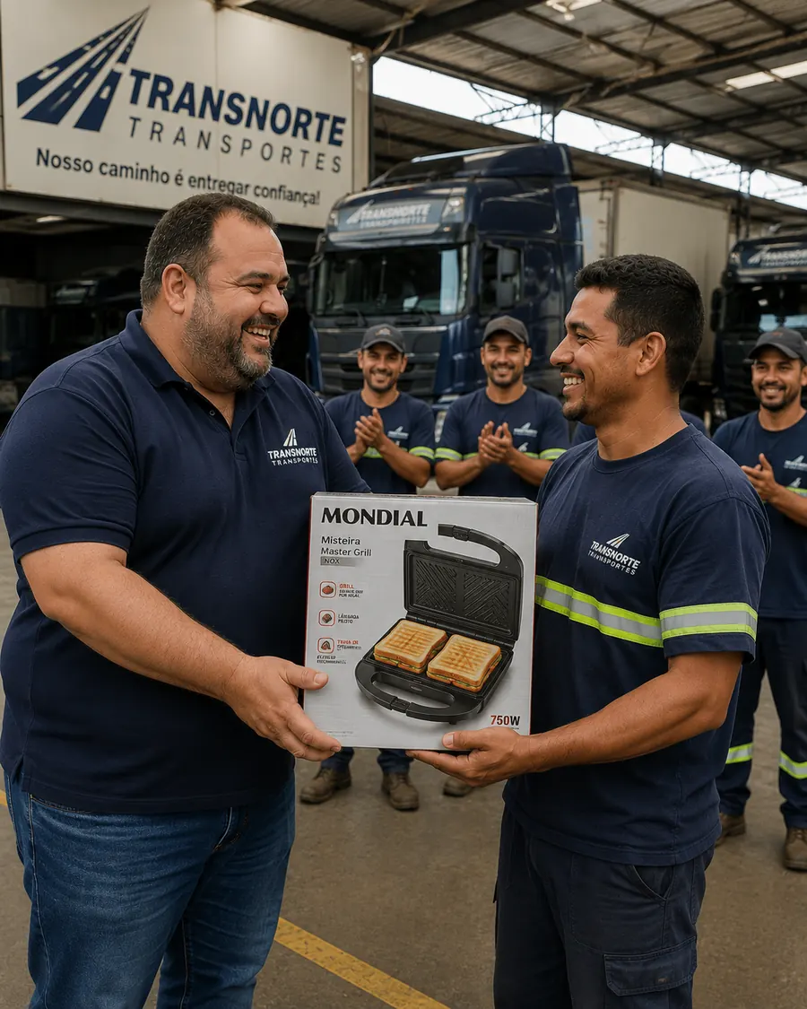 Gestor da Transnorte Transportes entrega grill a motorista enquanto a equipe aplaude