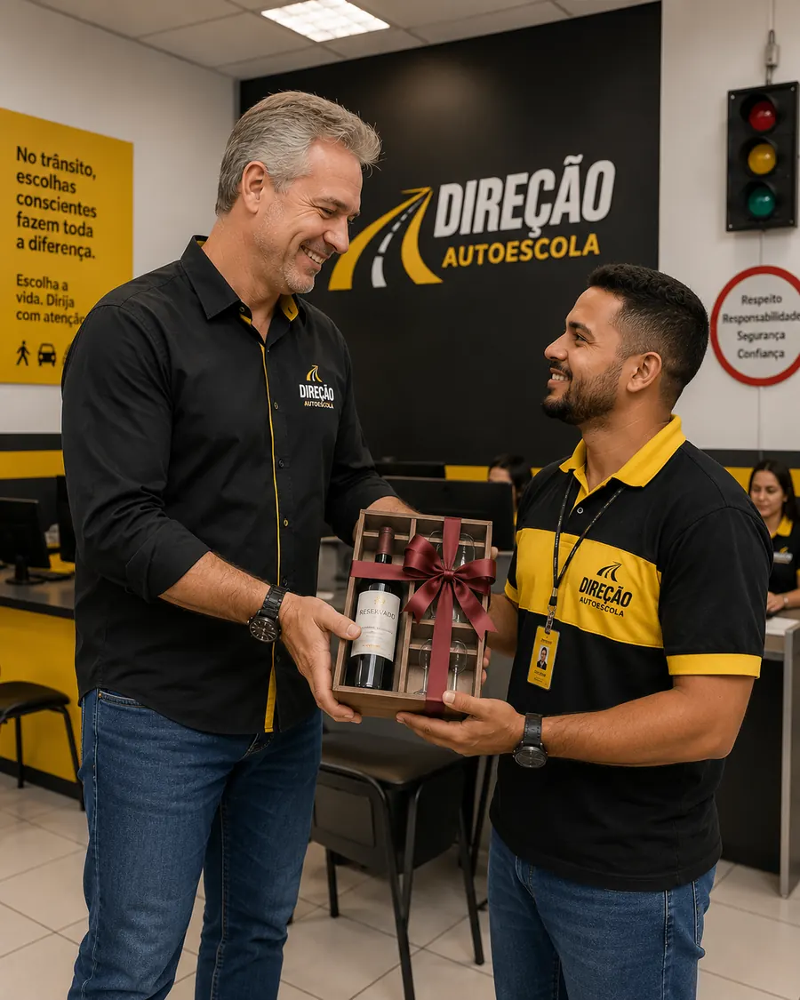Gestor da Direção Autoescola entrega kit de vinho premiado a um instrutor