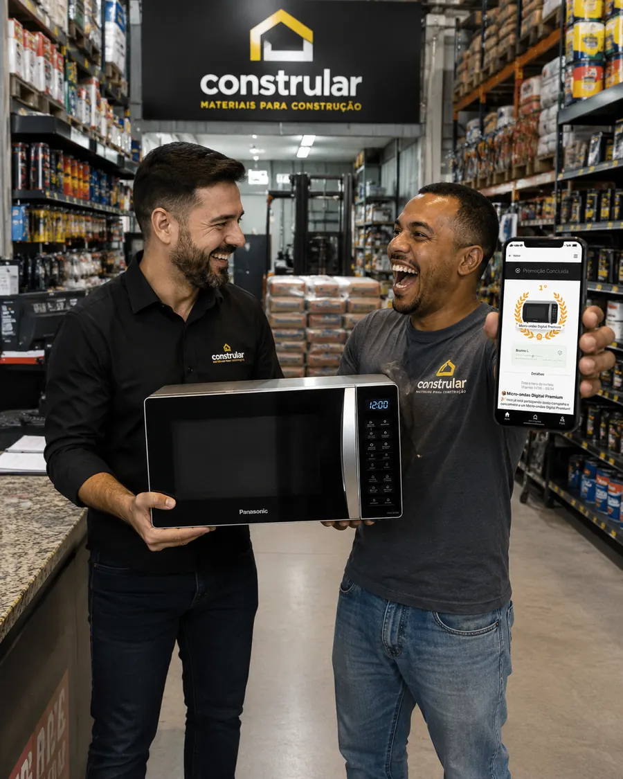 Colaborador da Constrular comemora o micro-ondas ganho mostrando a tela de promoção concluída no app