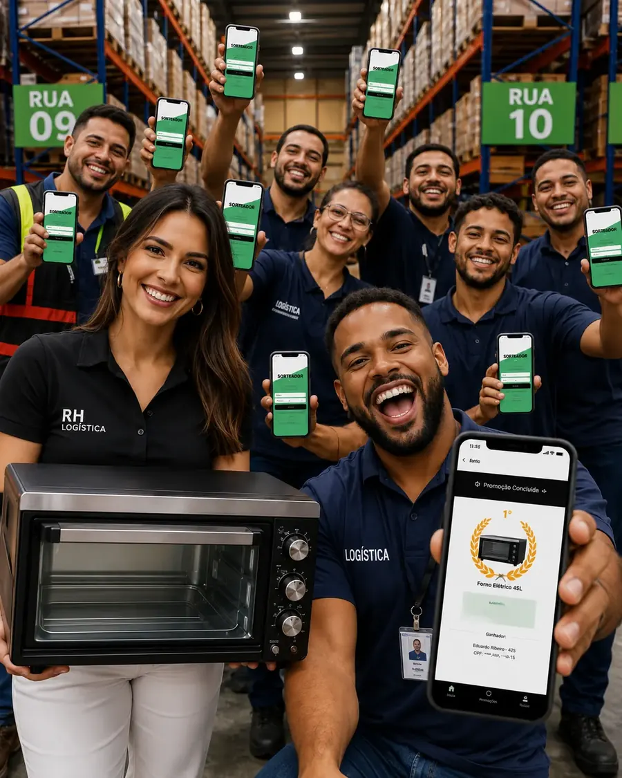 Equipe de logística comemorando o forno elétrico sorteado no centro de distribuição