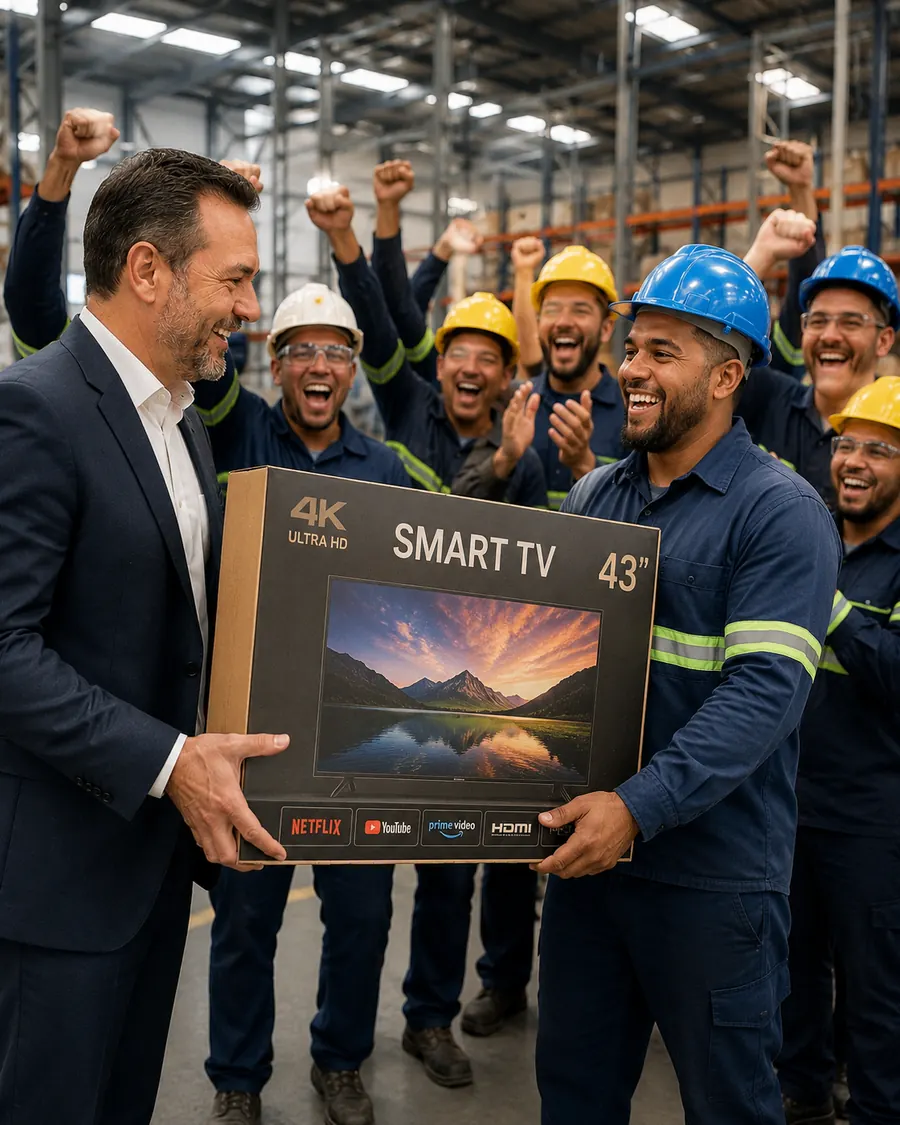 Diretor entrega Smart TV a colaborador com a equipe vibrando ao fundo