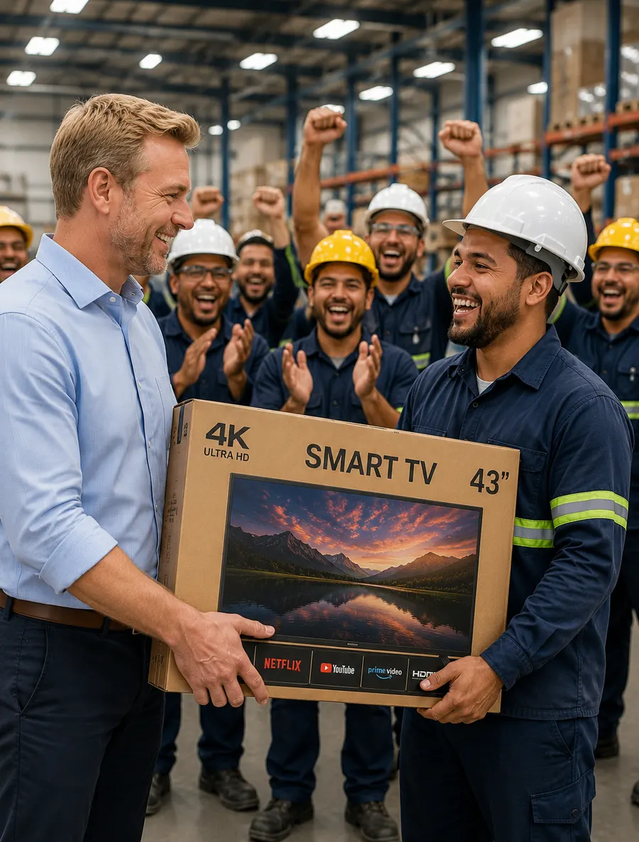 Gestor entrega Smart TV a colaborador premiado enquanto a equipe comemora no galpão