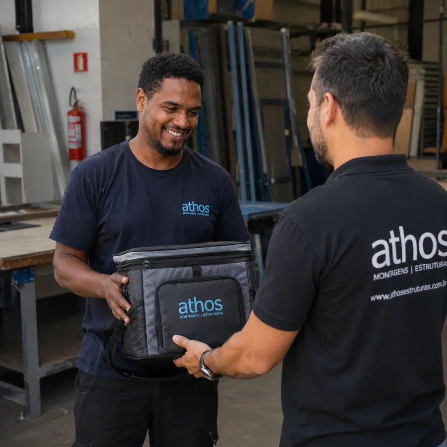 Gestor da Athos Estruturas entrega bolsa térmica personalizada a colaborador na oficina