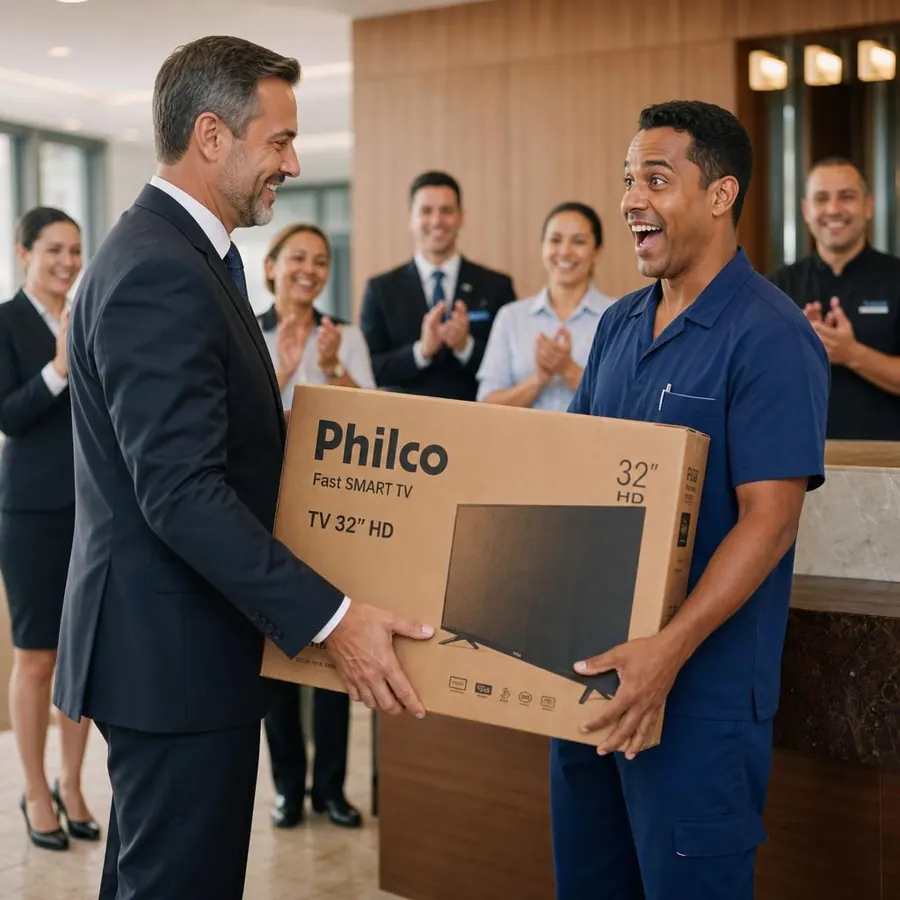 Colaborador de hotel recebe Smart TV das mãos do diretor enquanto a equipe aplaude